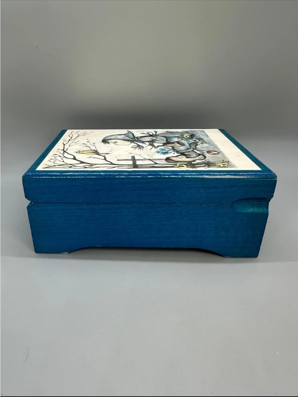 Vintage Hummel Blue Wooden Music Jewelry Box with Girl and Bird Artwork Works